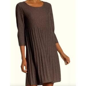 Eileen Fisher | Ribbed 100% Wool Knit Pleated Dress in Brown | Sz M
